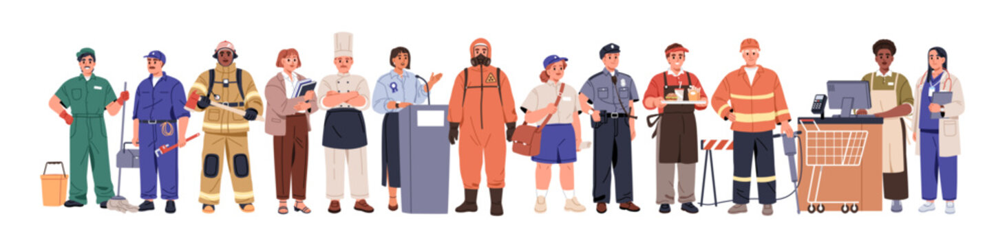 Frontline workers group. Frontliners, different professionals. Police officer, doctor, firefighter, cleaner, teacher and plumber. Occupations, flat vector illustration isolated on white background