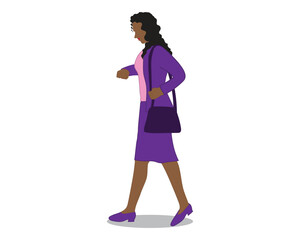 vector design cartoon illustration of a woman in purple who is a worker or businessperson walking fast while carrying a bag and looking at her watch