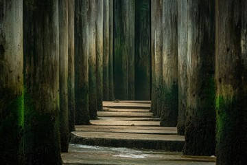 A close-up of a polluted water body with a cityscape in the background, showing environmental impact. Beautiful simple AI generated image