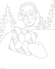 Coloring Book with cheerful character with gift box as greeting concept, outline Christmas vector stock illustration, Christmas tree