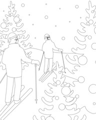 Coloring Book with couple characters and Christmas Snow-covered landscapes as skiing, outline Christmas vector stock illustration with Christmas tree