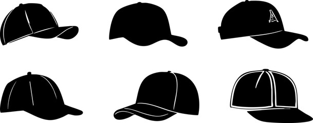 A collection of six stylish cap silhouettes showcasing different designs and angles, perfect for fashion and accessory illustrations.