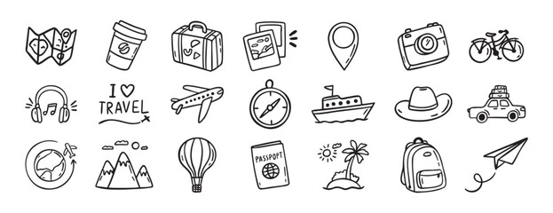 travel doodle hand drawn icon set. Outline drawing travel tourism line clipart symbols