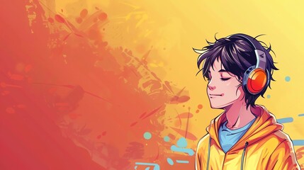 A cartoon-style illustration of a young man listening to music with headphones on.