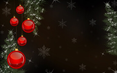 Christmas and New Year background with snowflakes and glowing stars and place for text. Christmas tree with balls. Dark New Year and Christmas background.