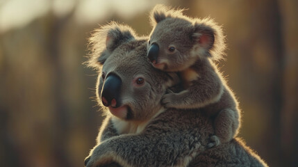 Obraz premium Mother koala with baby on her back, wildlife photography