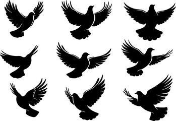 A collection of black silhouette designs of flying birds, ideal for graphic design and illustration projects.