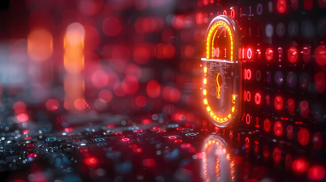 Cybersecurity:  Locked Down, Glowing padlock with a keyhole on a background of binary code, a powerful visual that evokes a sense of security and digital protection.  