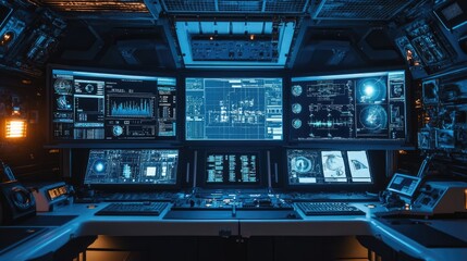 High-Tech Control Room with Multiple Screens and Graphics
