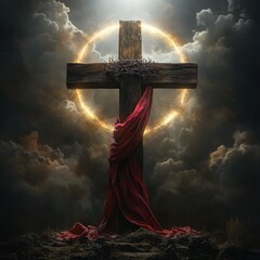 Radiant cross shrouded in red with sunburst halo