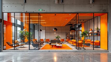 Modern office lounge featuring vibrant orange decor and comfortable seating for collaborative gatherings