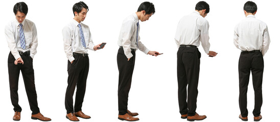 男性ビジネス全身写真_ワイシャツ_スマホ