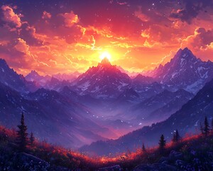 Breathtaking Sunset Over Majestic Mountain Range in Serene Landscape