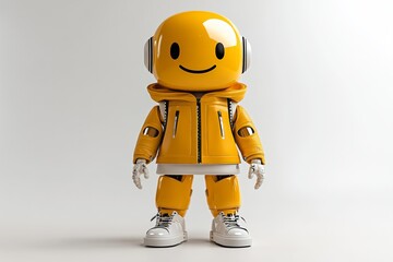 Colorful robot character wearing a yellow outfit with headphones stands against a plain background