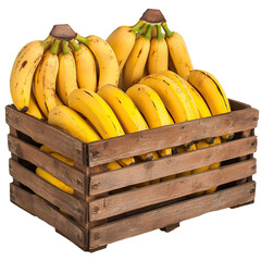 Fresh yellow bananas in a wooden box isolated on transparent background