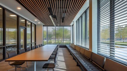 Obraz premium Modern meeting room with wooden and metal furniture, large wooden table and armchairs 