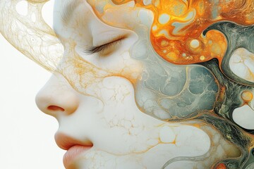 Surreal portrait of a woman with abstract orange and gray flowing patterns in a dreamy composition