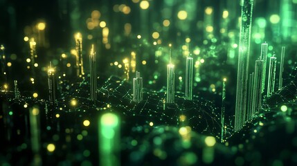 Surging crypto value is depicted by rising green candlesticks. This graphical representation visualizes volume and time intervals. 