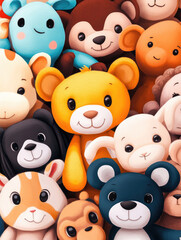 A close-up of soft stuffed toys featuring bears and other animals in bright colors, ideal for kids store promotions and playful designs...