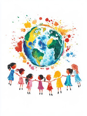 Fototapeta premium A watercolor painting of Earth with children in a circle, representing global peace, love, and environmental awareness, ideal for educational and social campaigns..