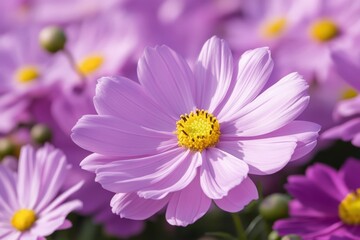 Obraz premium Bee collect pollen from pink flower (Cosmos bipinnatus). Close-up. Side view. Beautiful simple AI generated image