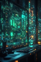 Obraz premium Futuristic Office Environment with Holographic Data Visualization and Team of AI Engineers in Digital Finance Workspace