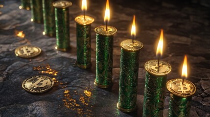 Surging crypto value is depicted by rising green candlesticks. This graphical representation visualizes volume and time intervals. 