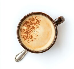 Warm and Cozy Cup of Coffee with Foam Topped with Cinnamon in a Brown Ceramic Mug on a White Background