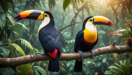 Fototapeta premium Two colorful toucans perched on a branch in a lush, tropical environment