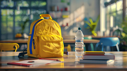 Obraz premium Back to School: Yellow Backpack on Desk 