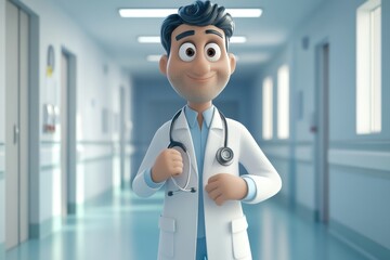 Doctor in white coat holding stethoscope discusses medicines with patients in modern hospital environment emphasizing healthcare importance and compassionate care