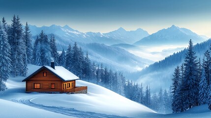 Peaceful Winter Cabin Nestled in Snowy Mountain Landscape with Cozy Cottage and Tranquil Valley