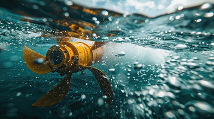 Close-up of an underwater tidal turbine rotor, which captures energy from the natural flow of tidal currents.