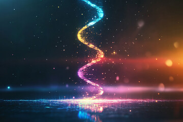 Obraz premium Vibrant glowing spiral of multicolored light energy rising from the ground against a dark background creating a magical futuristic effect 