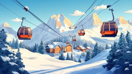 Colorful ski cabin lift for mountain skiers and snowboarders moves in the air on a cableway,ski resort with snowy hill,Skiing and snowboarding,Active vacation weekend,Winter holiday.