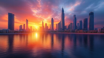 Obraz premium Vibrant sunset over a modern city skyline reflecting in water.