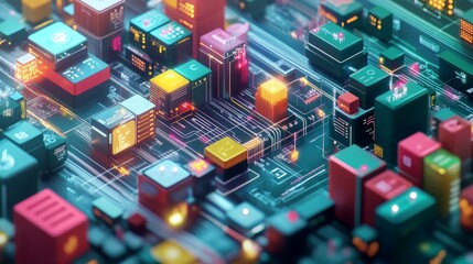 Interconnected Blocks of Blockchain Applications, an illustration displaying labeled blocks representing cryptocurrency, smart contracts, supply chain management, highlighting blockchain versatility