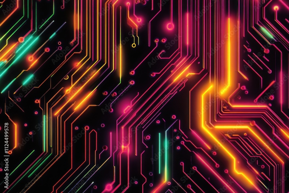 Aufkleber Circuit Board Design with Colorful Neon Lines Abstract Background