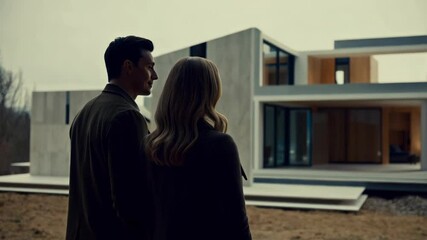 Man and woman in love stands together, gazing at their new stylish house