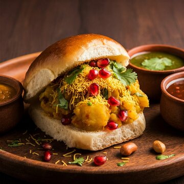 Authentic Dabeli Stuffed with Spicy Filling and Garnished with Roasted Peanuts and Fresh Herbs
