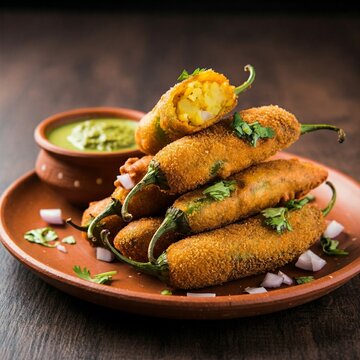 Stack of Crispy Mirchi Bajji Served on a Clay Plate with Green Chutney and Chopped Onions