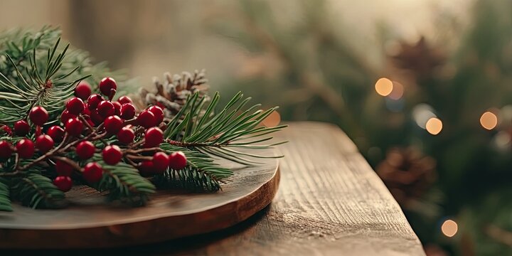 Festive Christmas Decoration  Red Berries  Pine  Wood