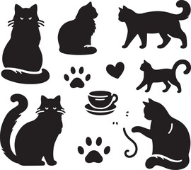 Cat silhouette vector illustration set. isolated black silhouette of a cat collection.