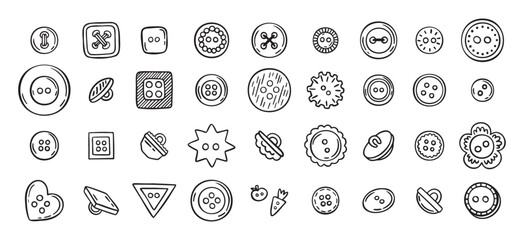 Sewing buttons line hand drawn doodle art icons set. Sewing accessories clothes various outline shapes. 