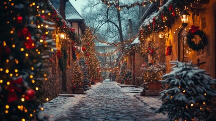 A street with Christmas lights and trees