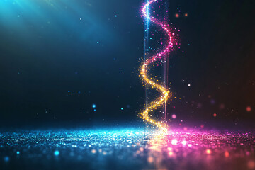 Obraz premium Colorful glowing spiral made of pink and blue light particles twisting vertically over a reflective surface in a dark environment 