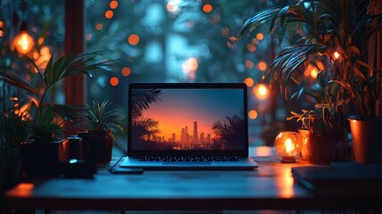 Sunset Cityscape on Laptop Screen with Tropical Plants and Warm Lighting