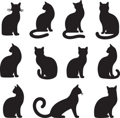 Cat silhouette vector illustration set. isolated black silhouette of a cat collection.