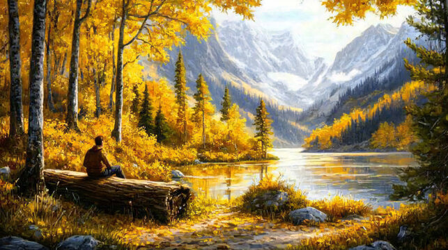 A hiker resting on a log along an autumn trail, surrounded by a beautiful forest scene with golden leaves and crisp air.