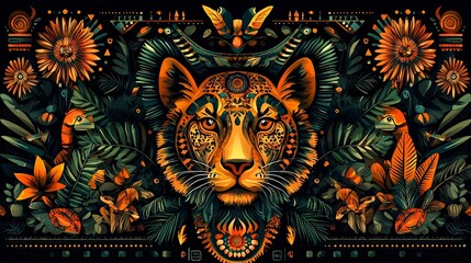 Obraz premium Intricate Tribal Wildlife Motif Pattern with Geometric Shapes and Animal Elements